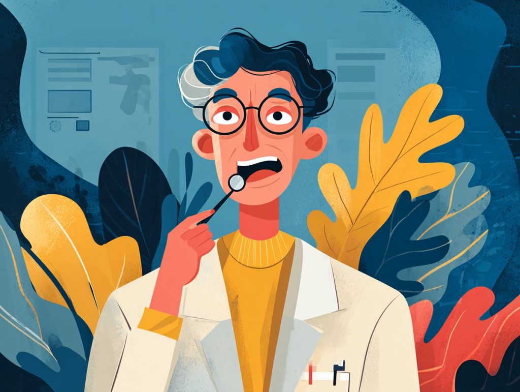 Ilustración de visita al periodoncista para examinar encías inflamadas.